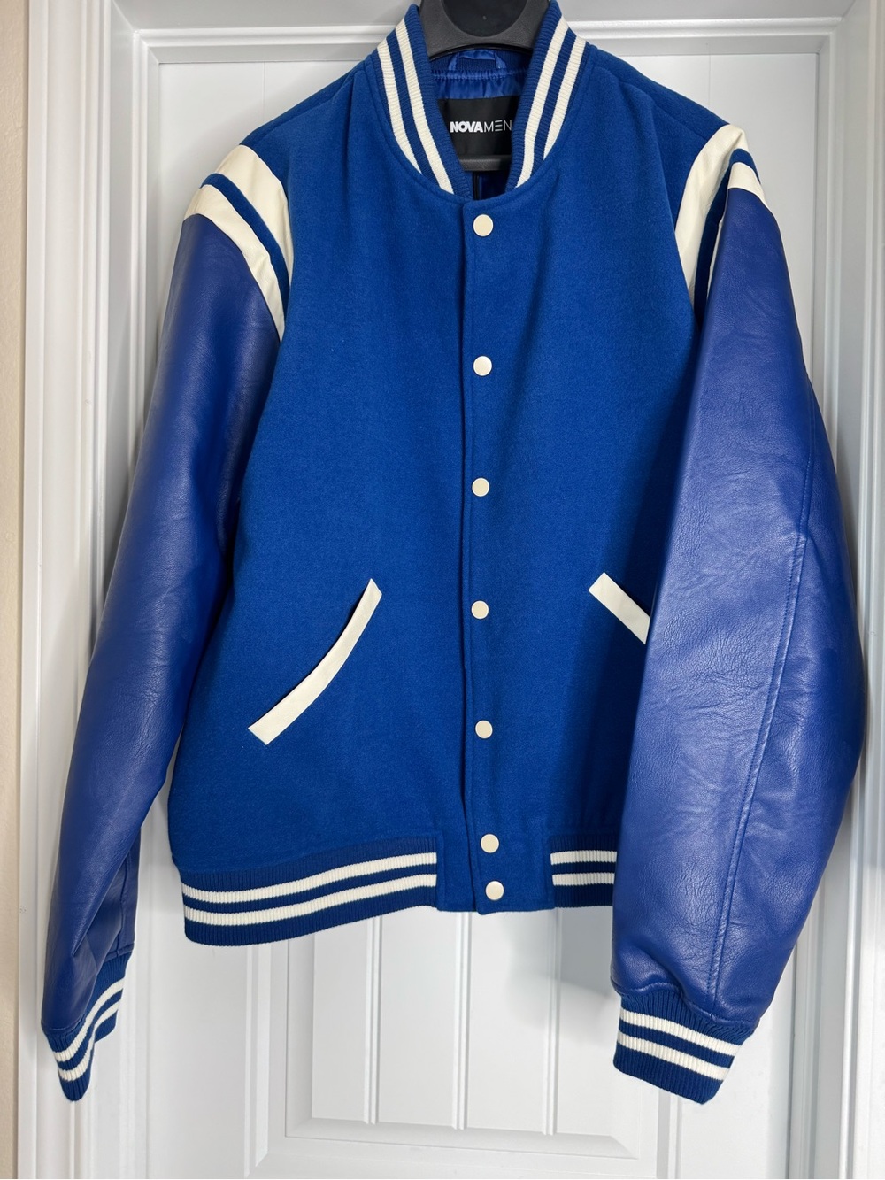Fashion Nova Royal Blue and White Varsity Bomber Jacket